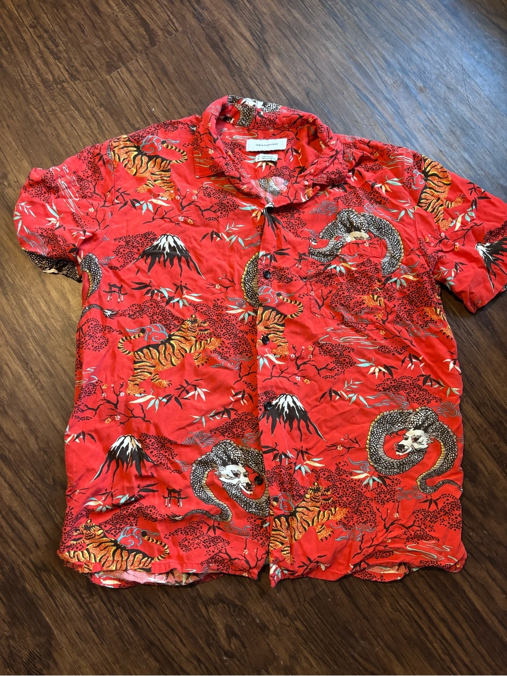 Urban Outfitters Red Short-Sleeve Button-Down Shirt with Tiger & Snake Print